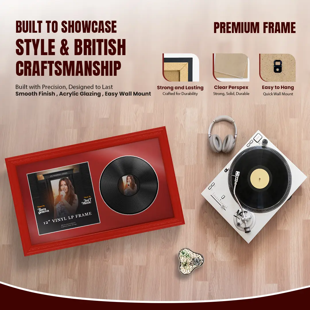 30x17" Classic Red Vinyl Record Frame With Crimson Mount | Displays 12" LP Cover & Disc Side by Side thumbnail 2