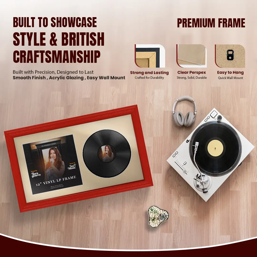 30x17" Classic Red Vinyl Record Frame With Ivory Mount | Side by Side 12" LP Cover & Disc Display thumbnail 2