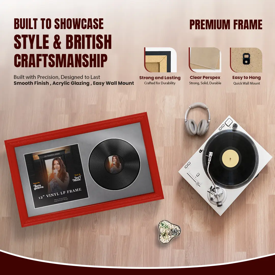 30x17" Classic Red Vinyl Record Frame With Mid Grey Mount | Side by Side 12" LP Cover & Disc Display thumbnail 2