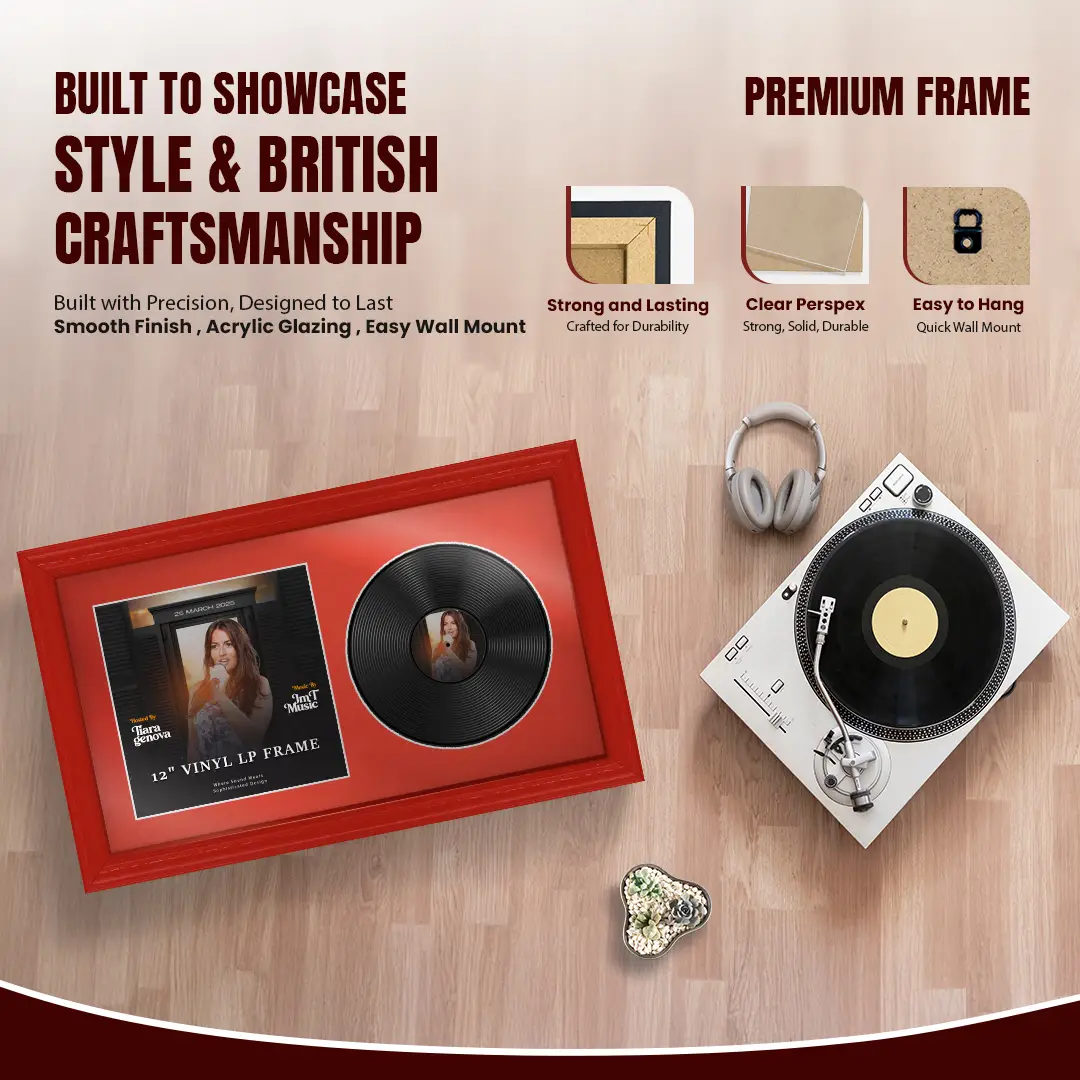 30x17" Classic Red Vinyl Record Frame With Poppy Red Mount | For 12" LP Cover and Disc Side By Side Display thumbnail 2