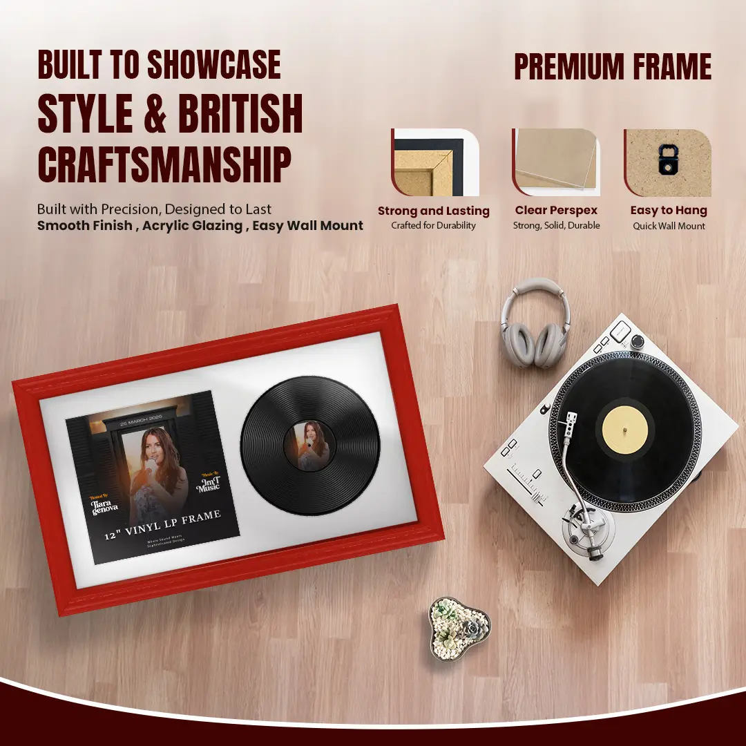 30x17" Classic Red Vinyl Record Frame With Ice White Mount | For 12" LP Cover and Disc Side By Side Display thumbnail 2