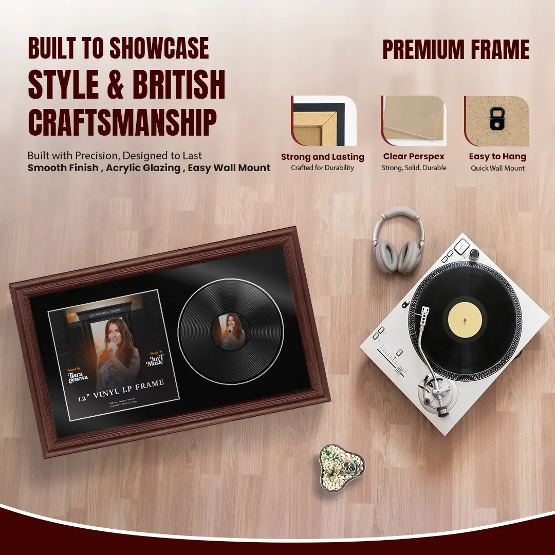 30x17" Classic Rose Wood Vinyl Record Frame With Black Mount | Side by Side 12" LP Cover & Disc Display thumbnail 2