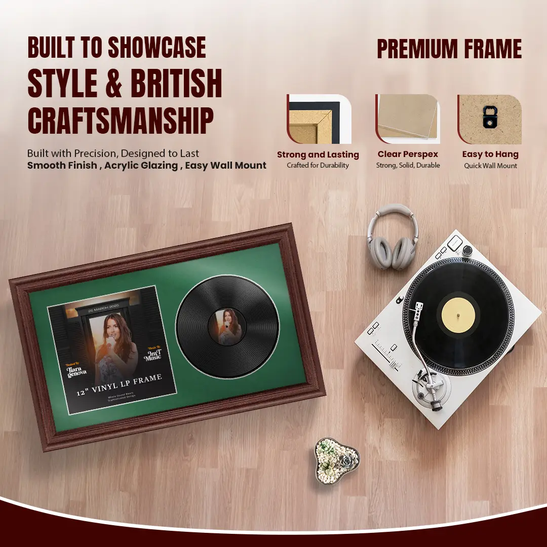 30x17" Classic Rose Wood Vinyl Record Frame With Emerald (Green) Mount | Side by Side 12" LP Cover & Disc Display thumbnail 2