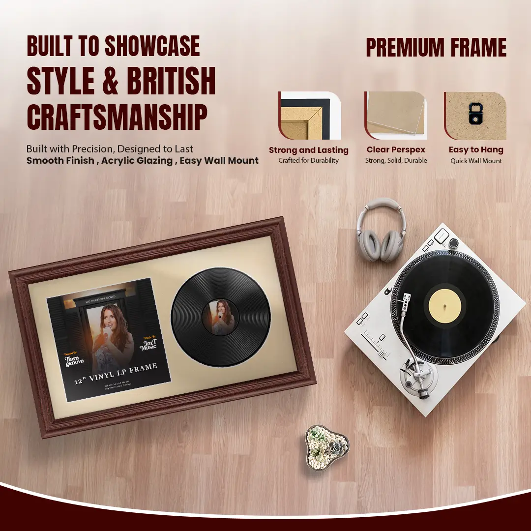 30x17" Classic Rose Wood Vinyl Record Frame With Poppy Red Mount | Side by Side 12" LP Cover & Disc Display thumbnail 2