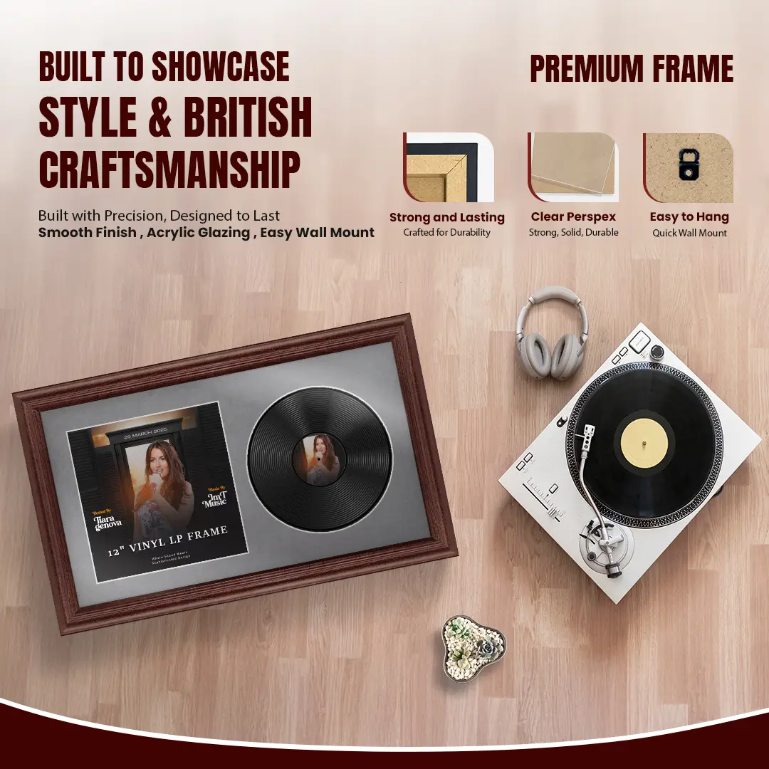 30x17" Classic Rose Wood Vinyl Record Frame With Mid Grey Mount | For 12" LP Cover and Disc Side By Side Display thumbnail 2