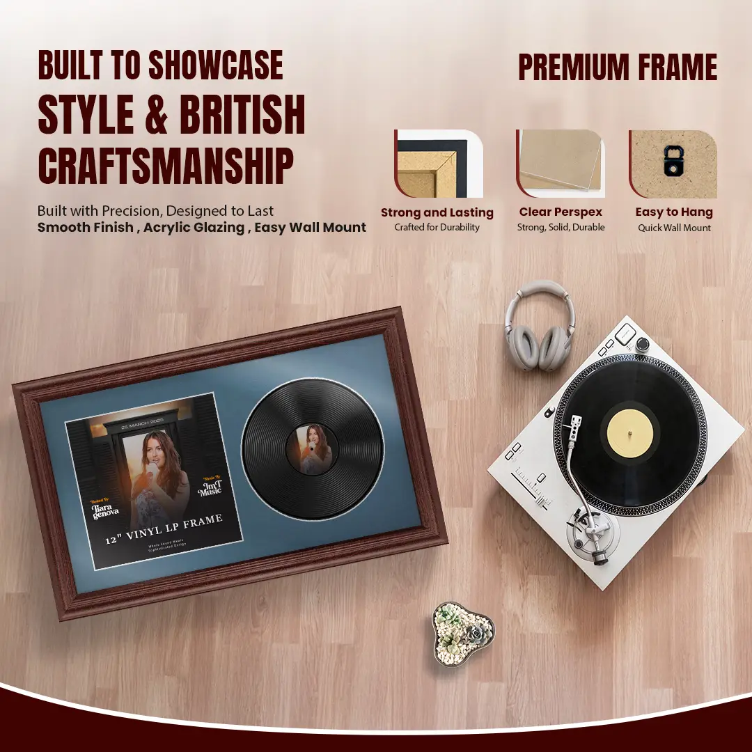 30x17" Classic Rose Wood Vinyl Record Frame With Pompador Mount | For 12" LP Cover and Disc Side By Side Display thumbnail 2