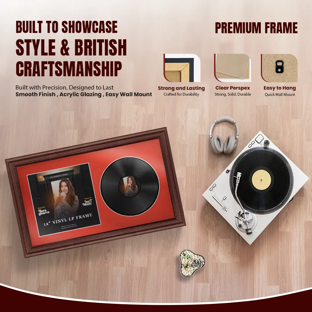 30x17" Classic Rose Wood Vinyl Record Frame With Poppy Red Mount | For 12" LP Cover and Disc Side By Side Display thumbnail 2