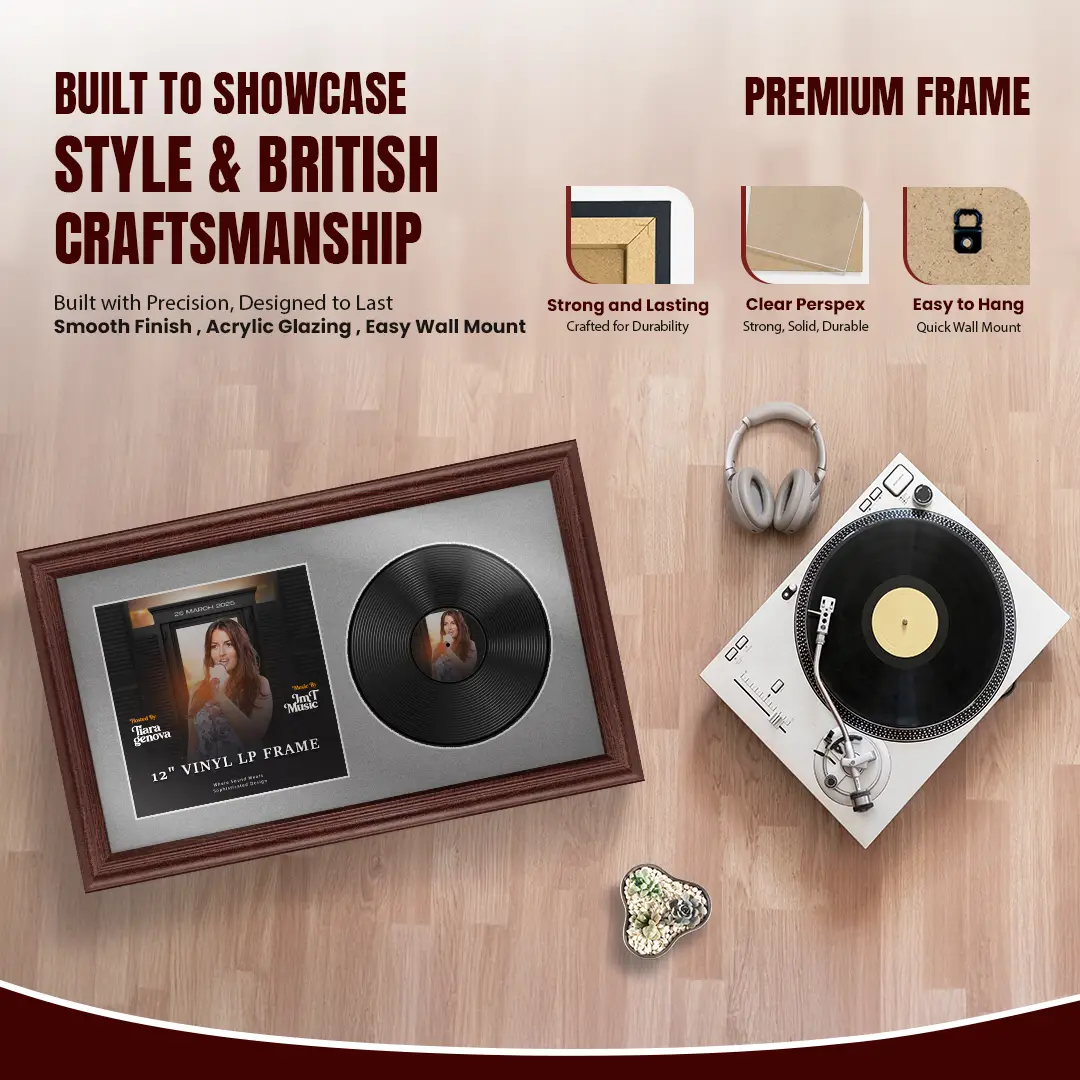 30x17" Classic Rose Wood Vinyl Record Frame With Silver Mount | Displays 12" LP Cover & Disc Side by Side thumbnail 2