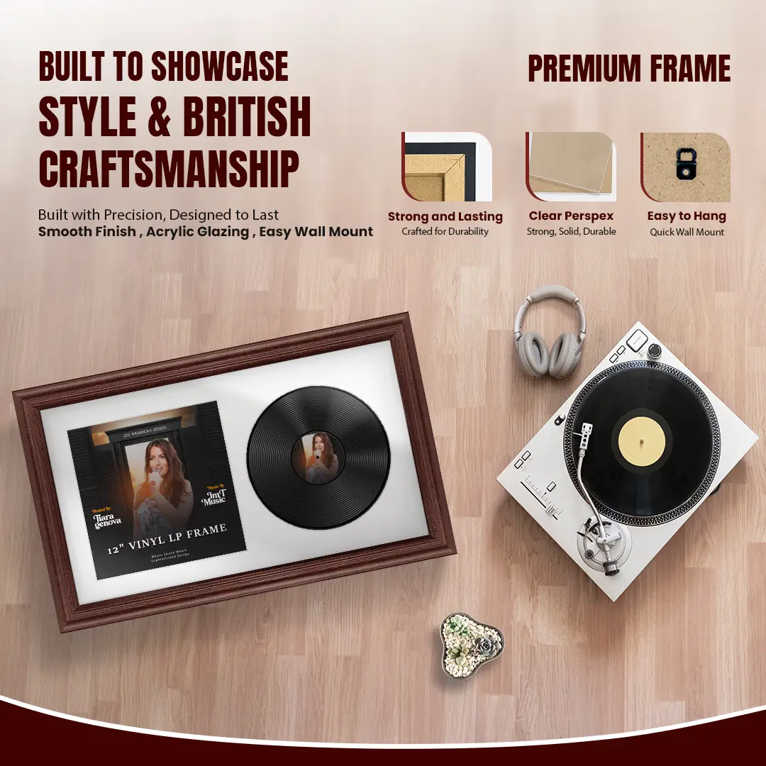 30x17" Classic Rose Wood Vinyl Record Frame With Ice White Mount | For 12" LP Cover and Disc Side By Side Display thumbnail 2