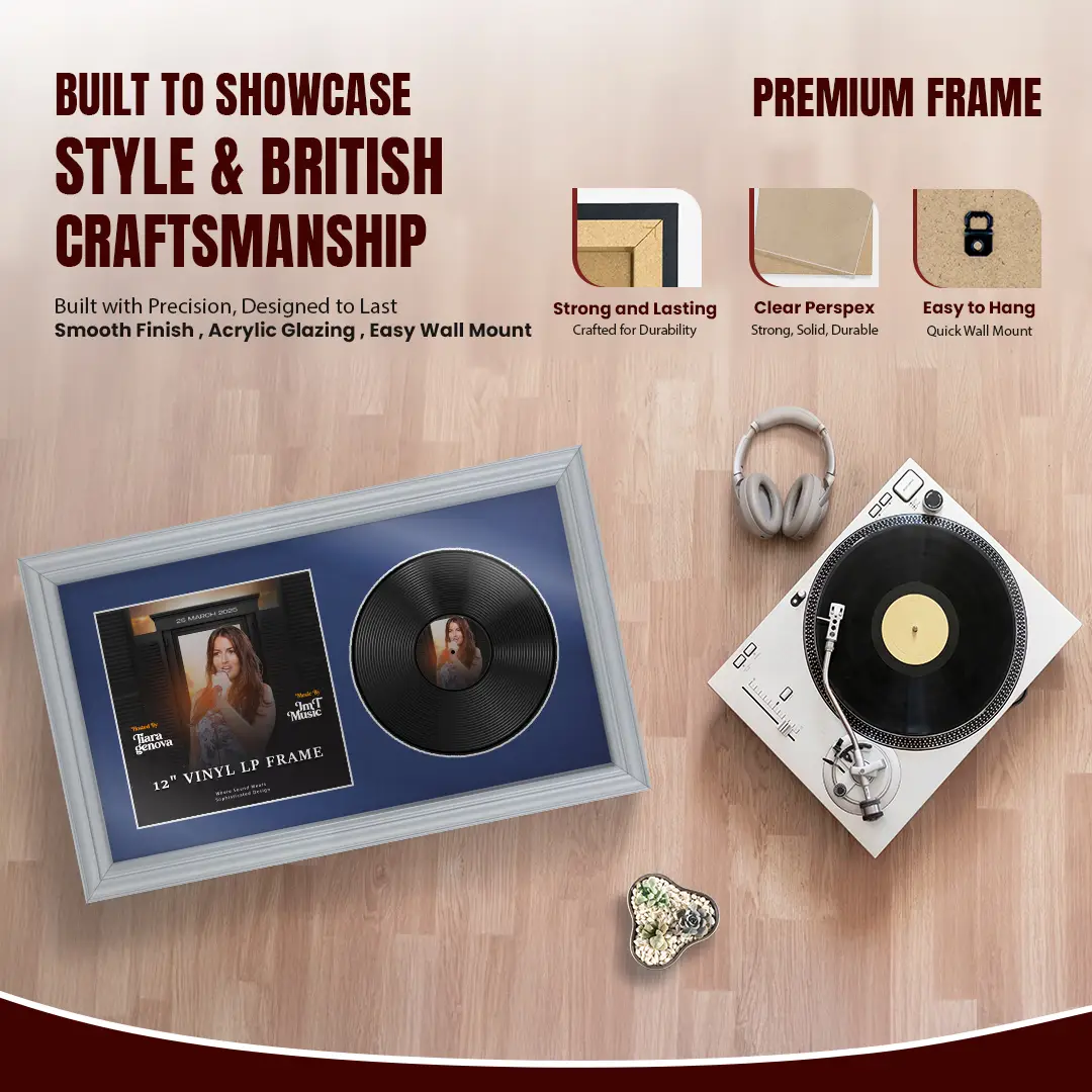 30x17" Classic Silver Vinyl Record Frame With Blue Mount | For 12" LP Cover and Disc Side By Side Display thumbnail 2