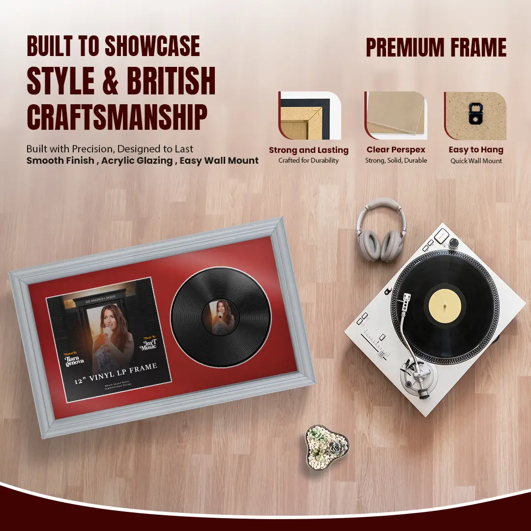 30x17" Classic Silver Vinyl Record Frame With Crimson Mount | Side by Side 12" LP Cover & Disc Display thumbnail 2