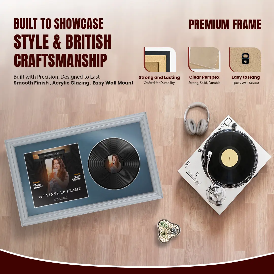 30x17" Classic Silver Vinyl Record Frame With Pompador Mount | Side by Side 12" LP Cover & Disc Display thumbnail 2