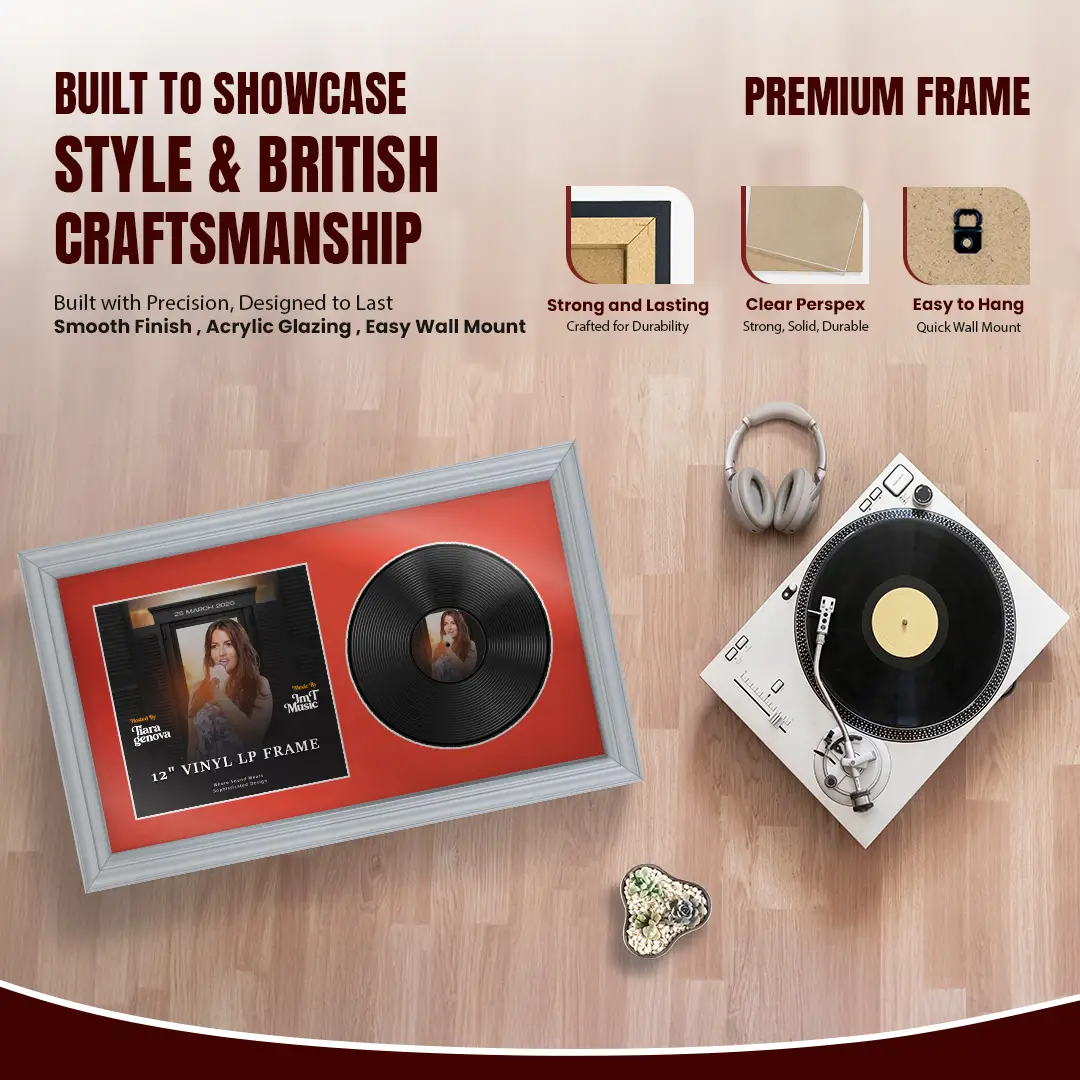 30x17" Classic Silver Vinyl Record Frame With Poppy Red Mount | For 12" LP Cover and Disc Side By Side Display thumbnail 2