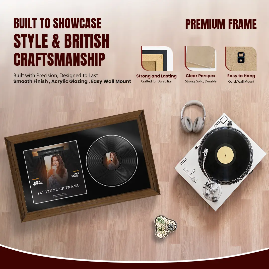 30x17" Classic Walnut Vinyl Record Frame With Black Mount | For 12" LP Cover and Disc Side By Side Display thumbnail 2