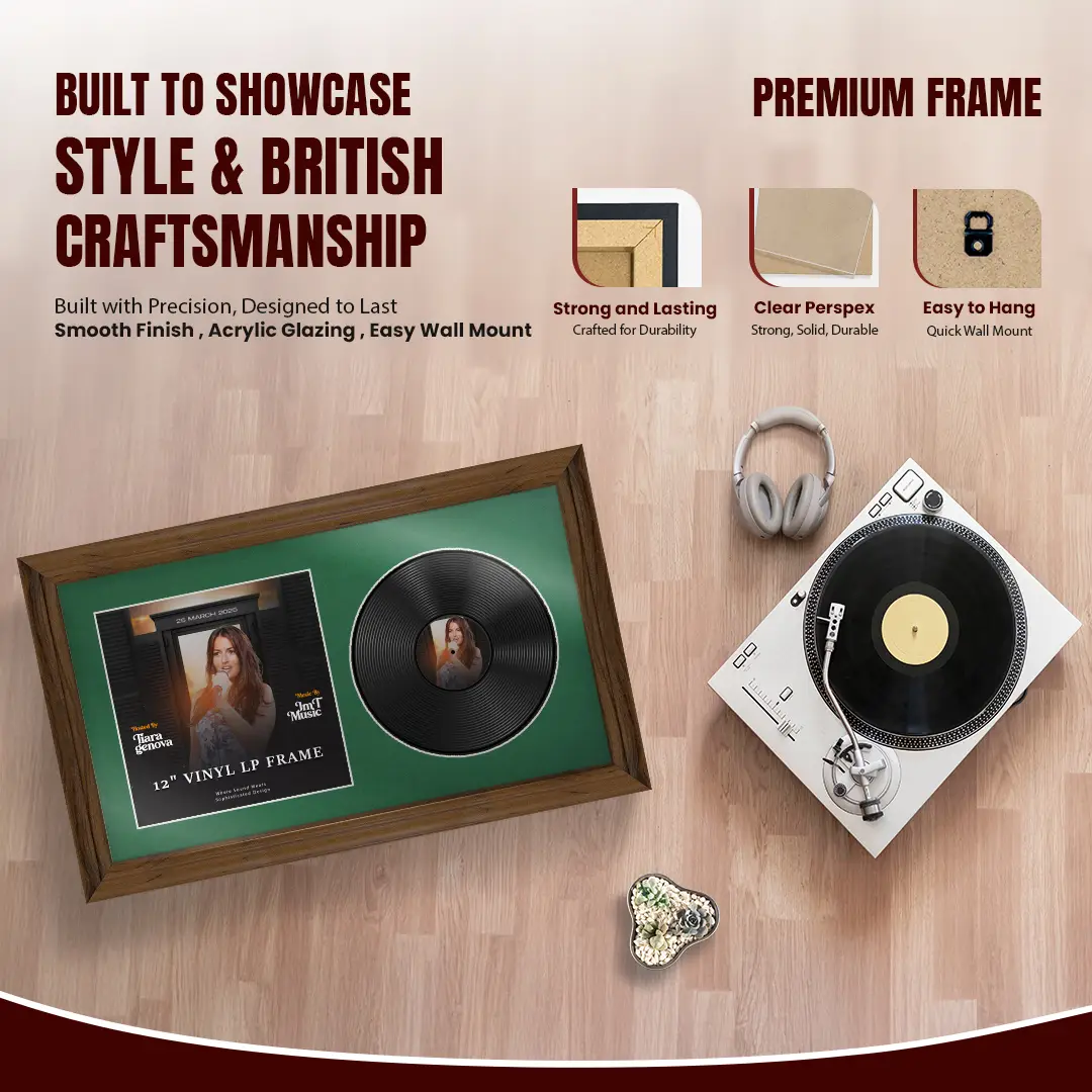 30x17" Classic Walnut Vinyl Record Frame With Emerald (Green) Mount | For 12" LP Cover and Disc Side By Side Display thumbnail 2