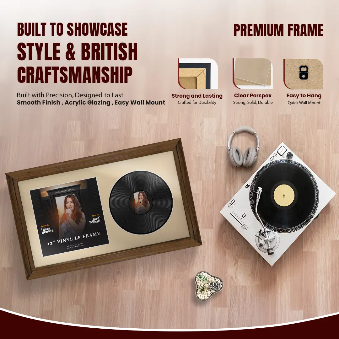 30x17" Classic Walnut Vinyl Record Frame With Ivory Mount | For 12" LP Cover and Disc Side By Side Display thumbnail 2