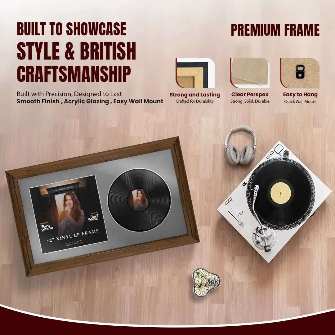 30x17" Classic Walnut Vinyl Record Frame With Mid Grey Mount | For 12" LP Cover and Disc Side By Side Display thumbnail 2