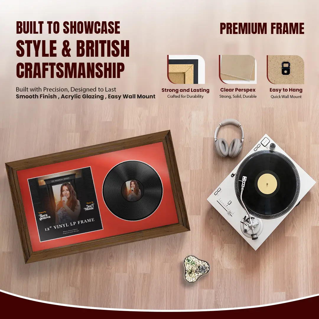 30x17" Classic Walnut Vinyl Record Frame With Poppy Red Mount | For 12" LP Cover and Disc Side By Side Display thumbnail 2