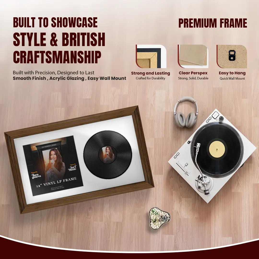 30x17" Classic Walnut Vinyl Record Frame With Silver Mount | Displays 12" LP Cover & Disc Side by Side thumbnail 2