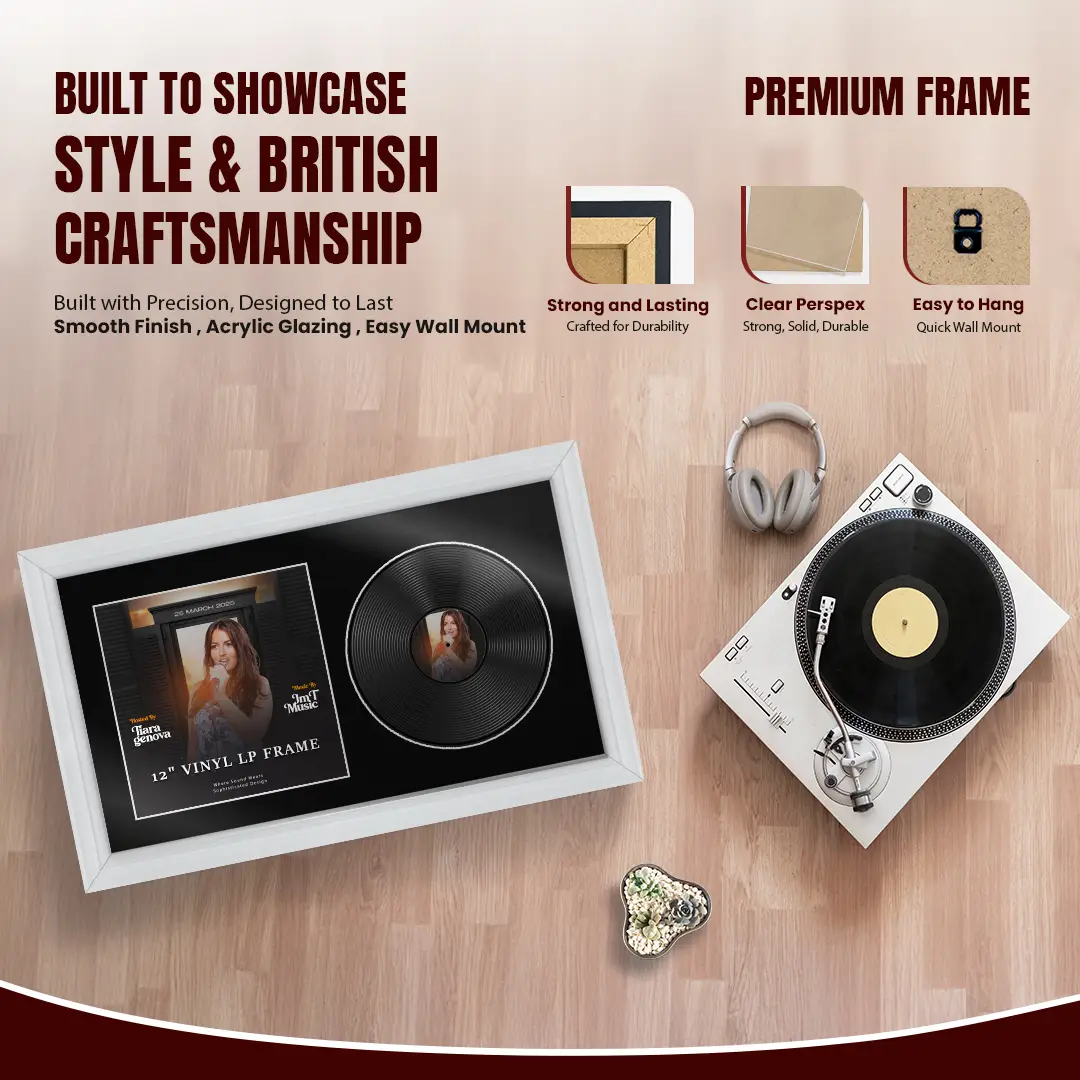 30x17" Classic White Vinyl Record Frame With Black Mount | For 12" LP Cover and Disc Side By Side Display thumbnail 2