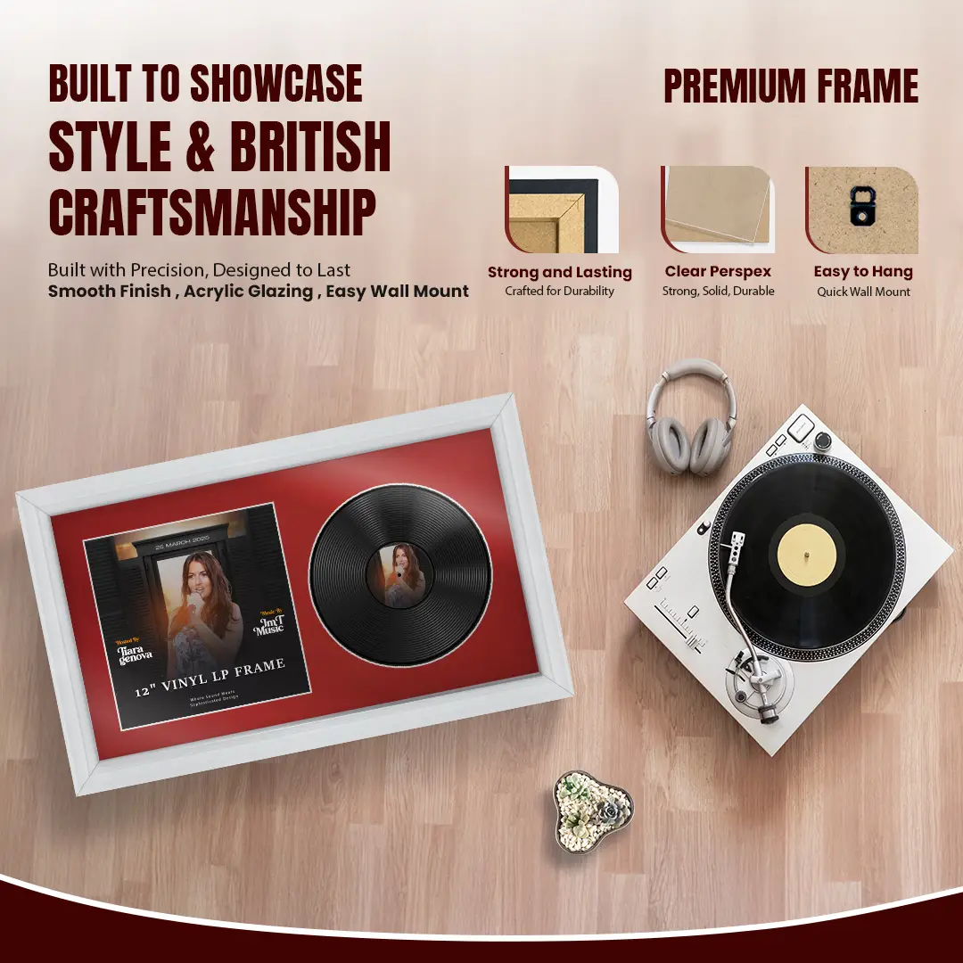 30x17" Classic White Vinyl Record Frame With Crimson Mount | Side by Side 12" LP Cover & Disc Display thumbnail 2