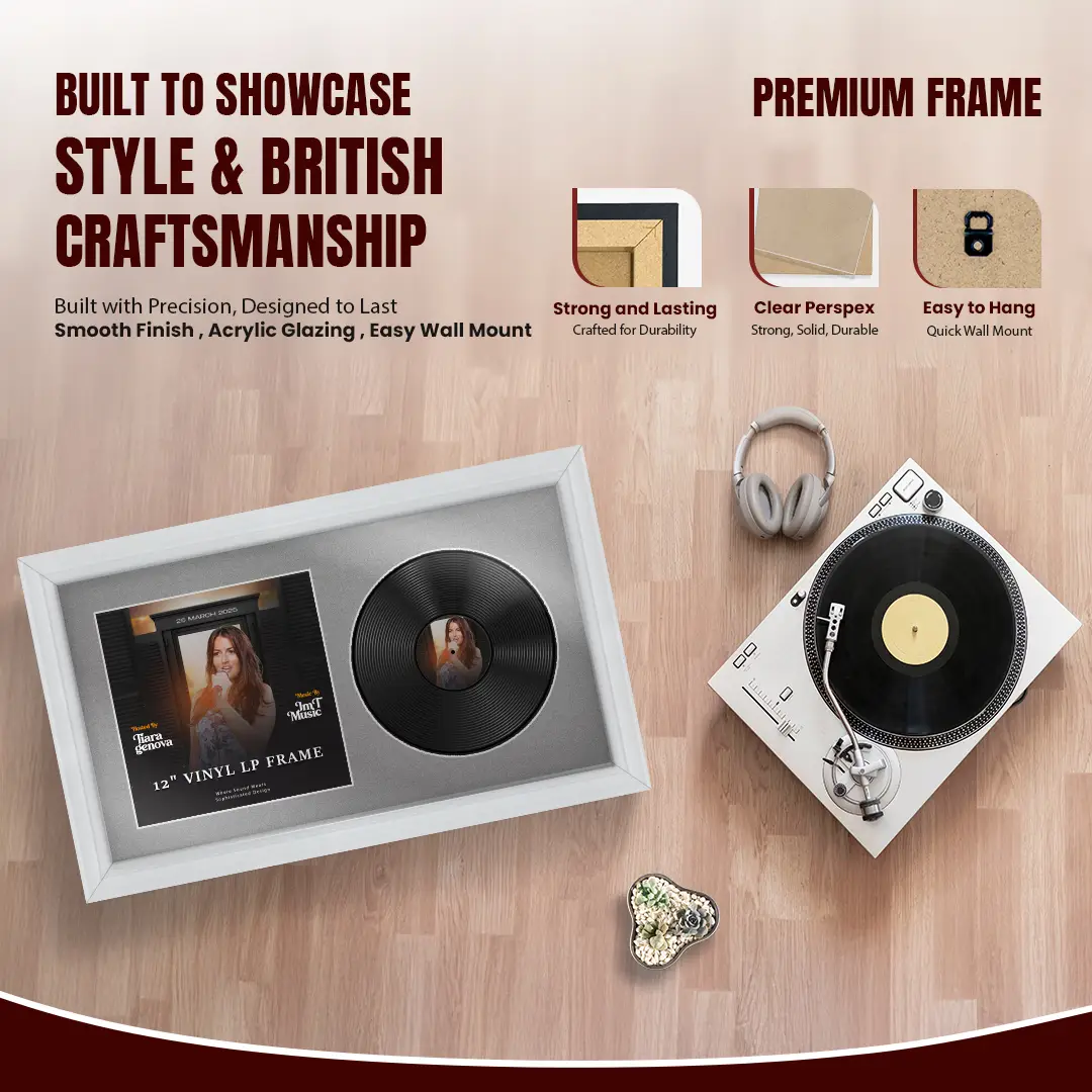 30x17" Classic White Vinyl Record Frame With Silver Mount | Displays 12" LP Cover & Disc Side by Side thumbnail 2