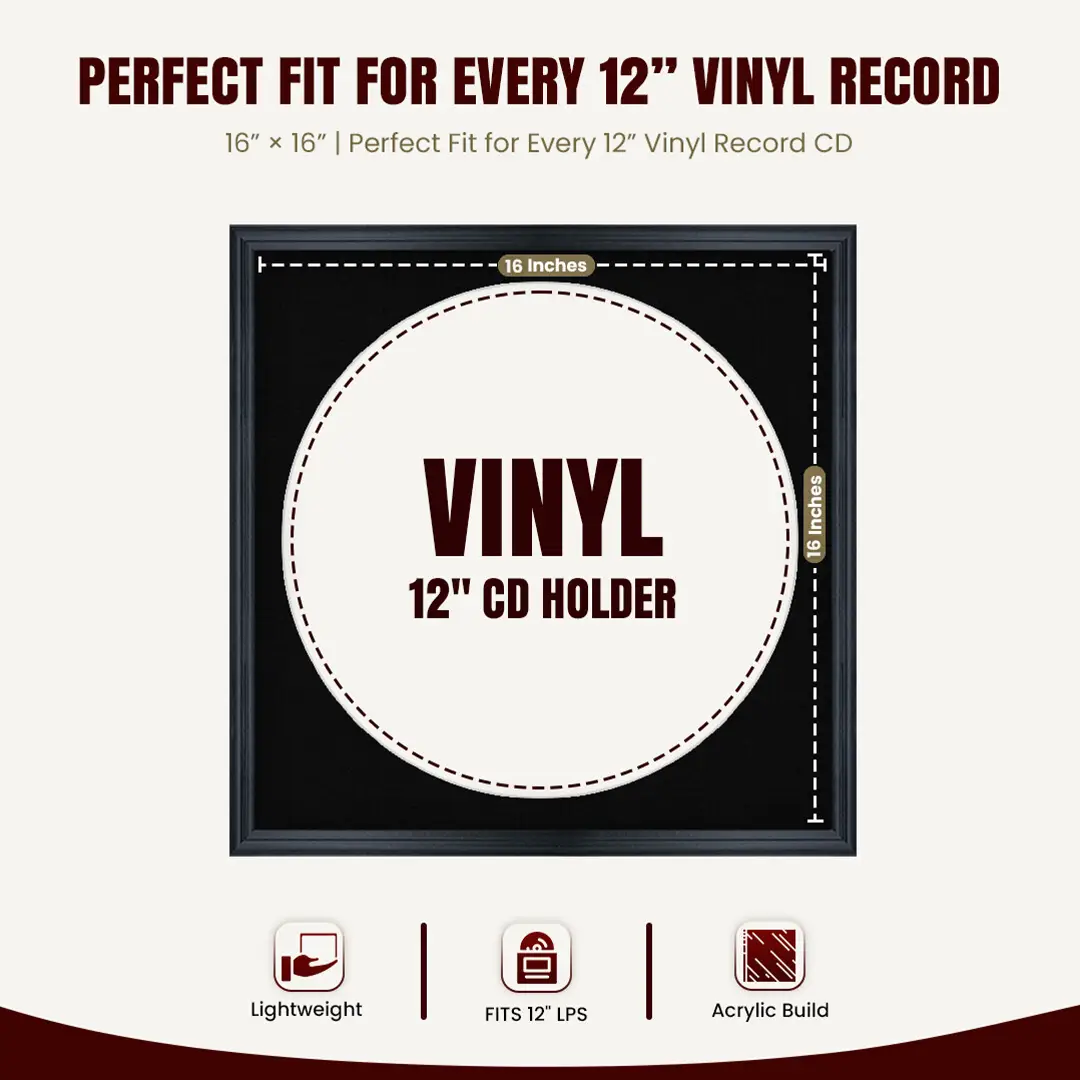 16x16" Classic Black Vinyl Record Frame With Black Mount For 12" LP Discs | Premium Wall Frame For Music Enthusiasts thumbnail 3