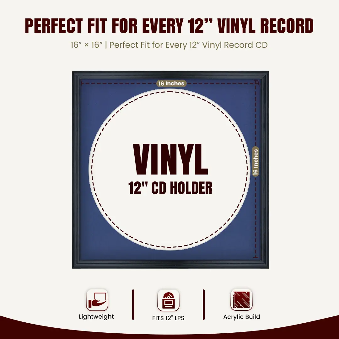 16x16" Classic Black Vinyl Record Frame With Blue Mount For 12" LP Discs | Contemporary Wall Display thumbnail 3