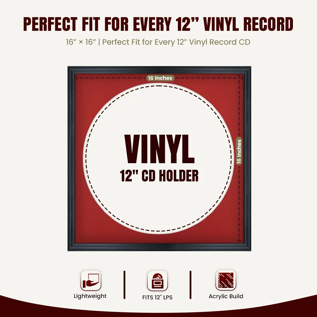 16x16" Classic Black Vinyl Record Frame With Crimson Mount For 12" LP Discs | Contemporary Wall Display thumbnail 3