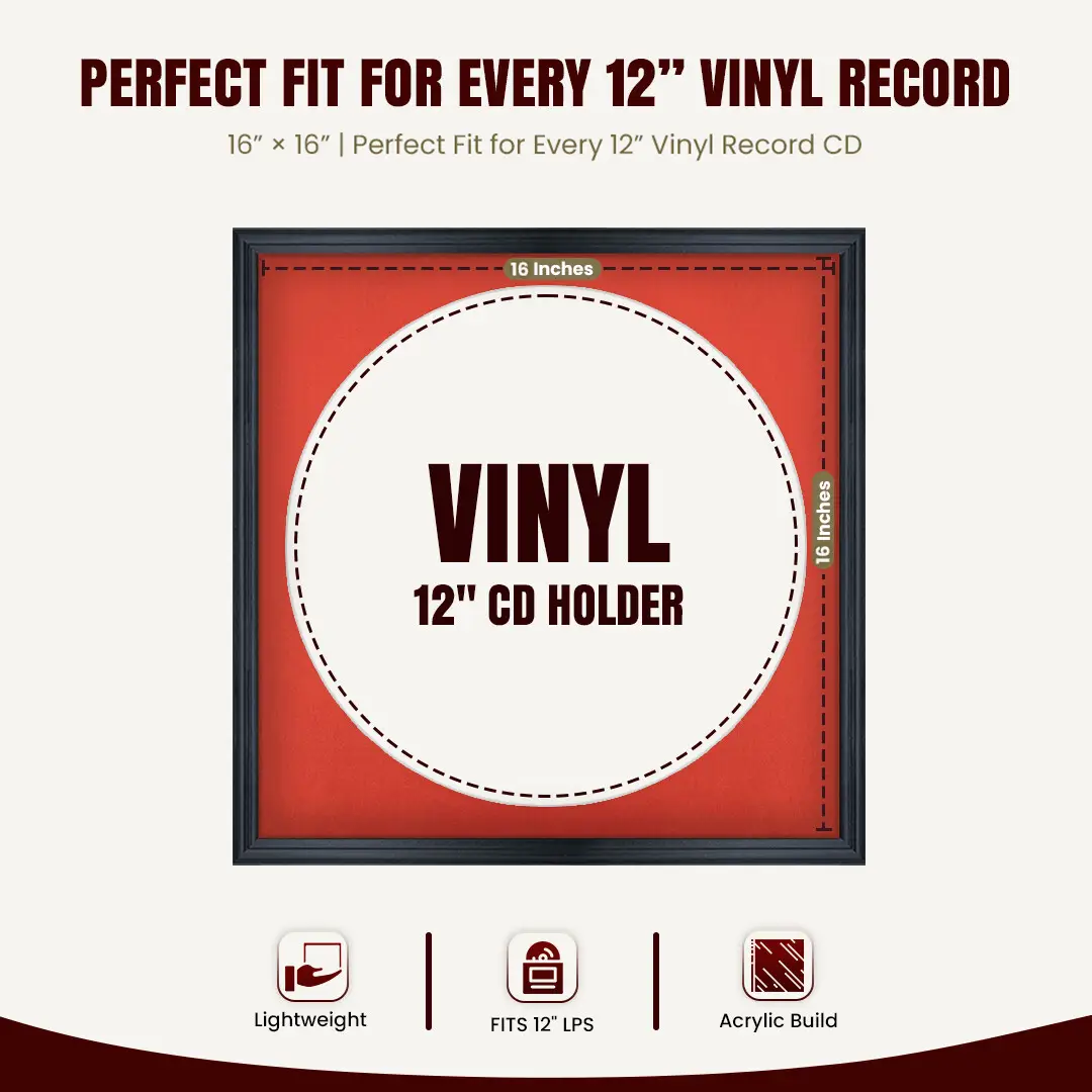 16x16" Classic Black Vinyl Record Frame With Poppy Red Mount For 12" LP Discs | Contemporary Wall Display thumbnail 3