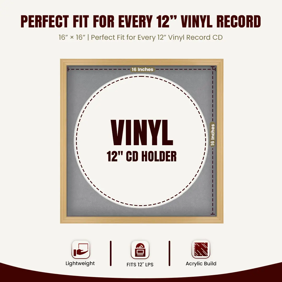 16x16" Classic Country Pine Vinyl Record Frame With Mid Grey Mount For 12" LP Discs | Premium Wall Frame For Music Enthusiasts thumbnail 3