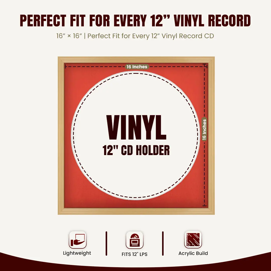 16x16" Classic Country Pine Vinyl Record Frame With Poppy Red Mount For 12" LP Discs | Premium Wall Frame For Music Enthusiasts thumbnail 3