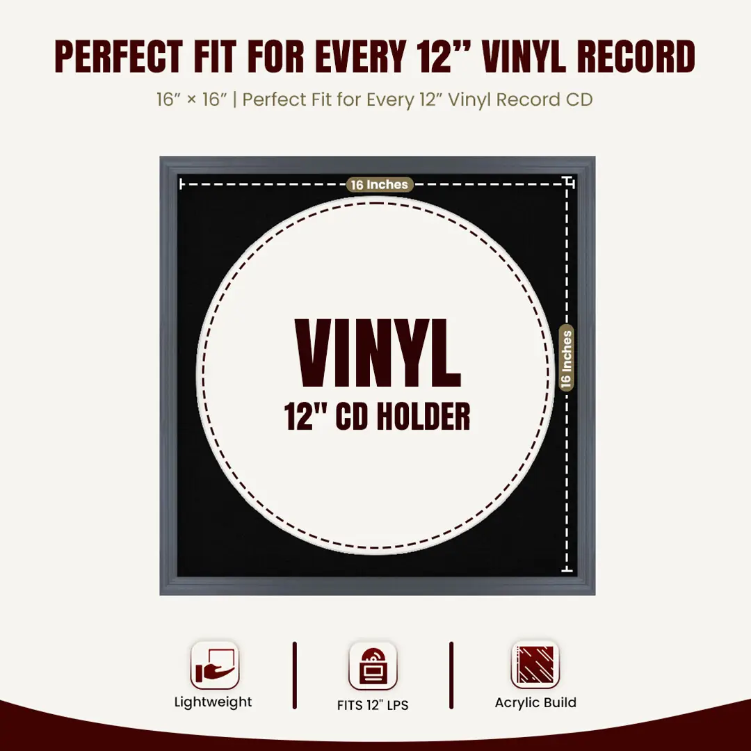 16x16" Classic Dark Grey Vinyl Record Frame With Black Mount For 12" LP Discs | Contemporary Wall Display thumbnail 3