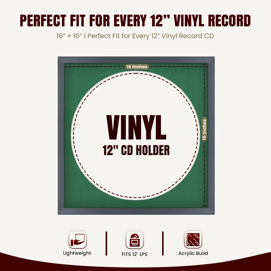 16x16" Classic Dark Grey Vinyl Record Frame With Emerald (Green) Mount For 12" LP Discs | Contemporary Wall Display thumbnail 3