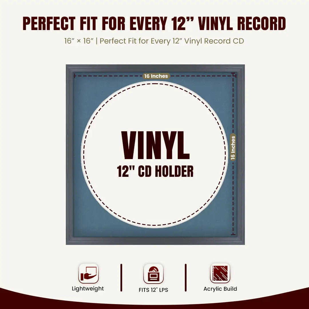16x16" Classic Dark Grey Vinyl Record Frame With Pompador Mount For 12" LP Discs | Elegant Frame For Music Lovers thumbnail 3
