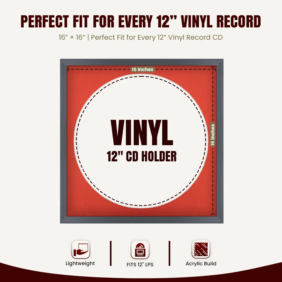 16x16" Classic Dark Grey Vinyl Record Frame With Poppy Red Mount For 12" LP Discs | Elegant Frame For Music Lovers thumbnail 3