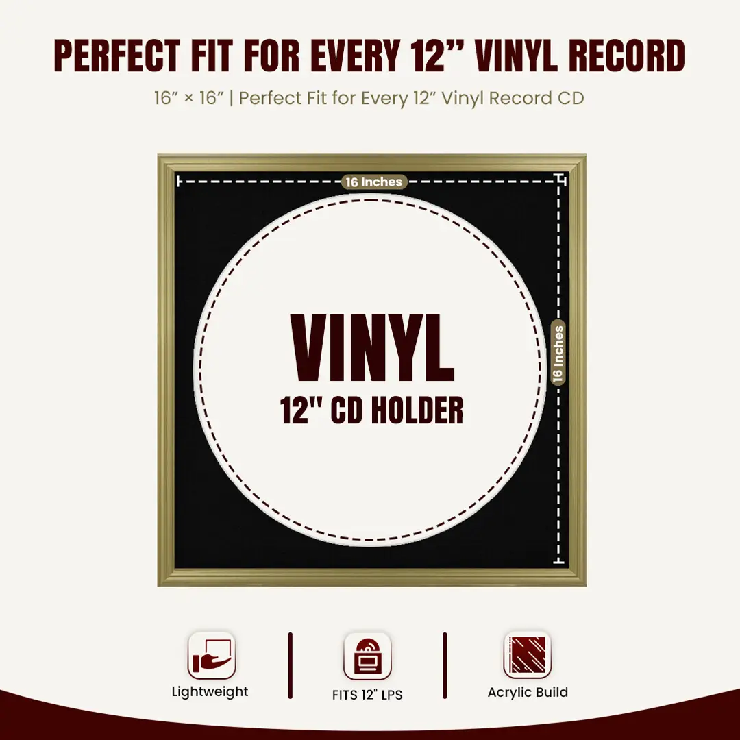 16x16" Classic Gold Vinyl Record Frame With Black Mount For 12" LP Discs | Elegant Frame For Music Lovers thumbnail 3