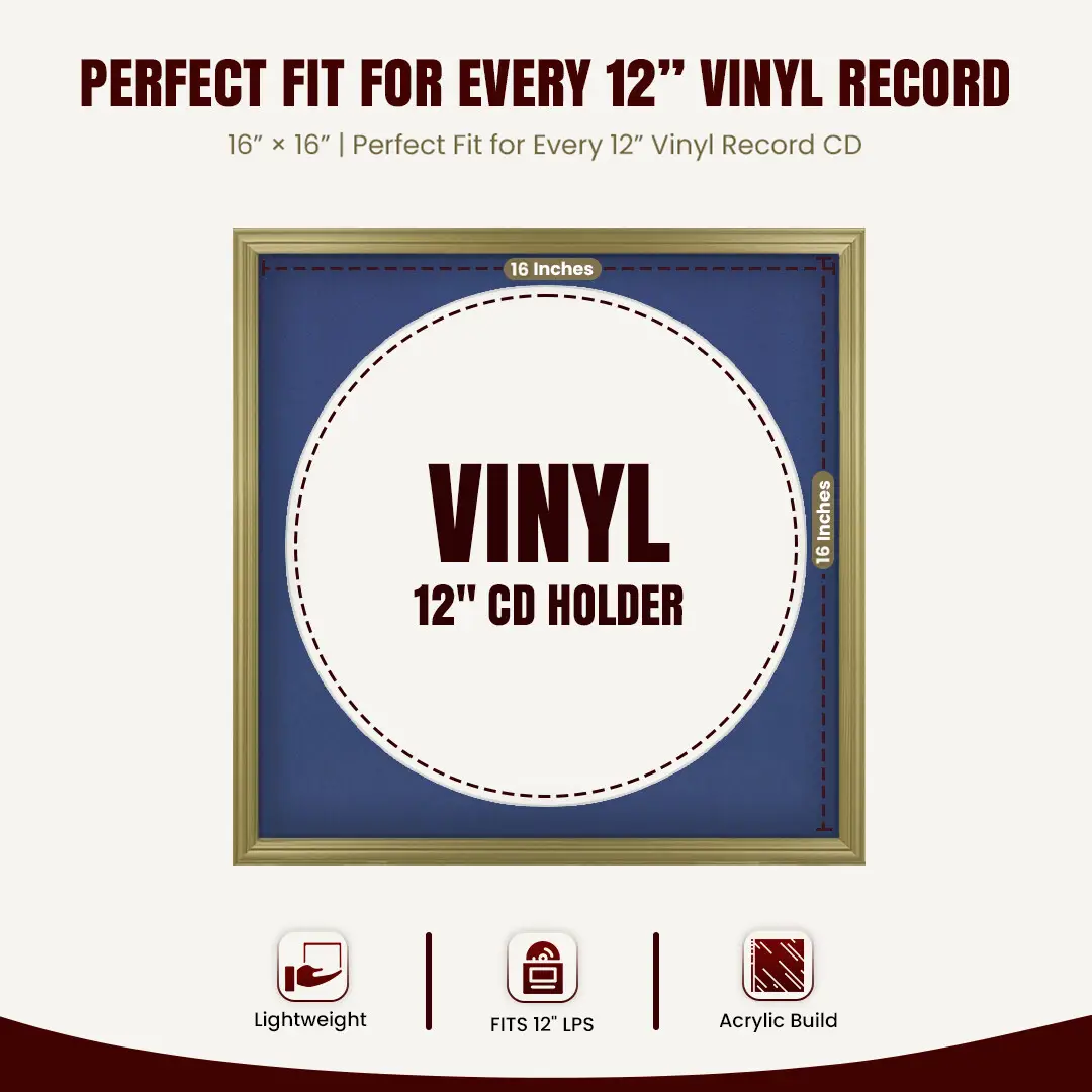 16x16" Classic Gold Vinyl Record Frame With Blue Mount For 12" LP Discs | Premium Wall Frame For Music Enthusiasts thumbnail 3