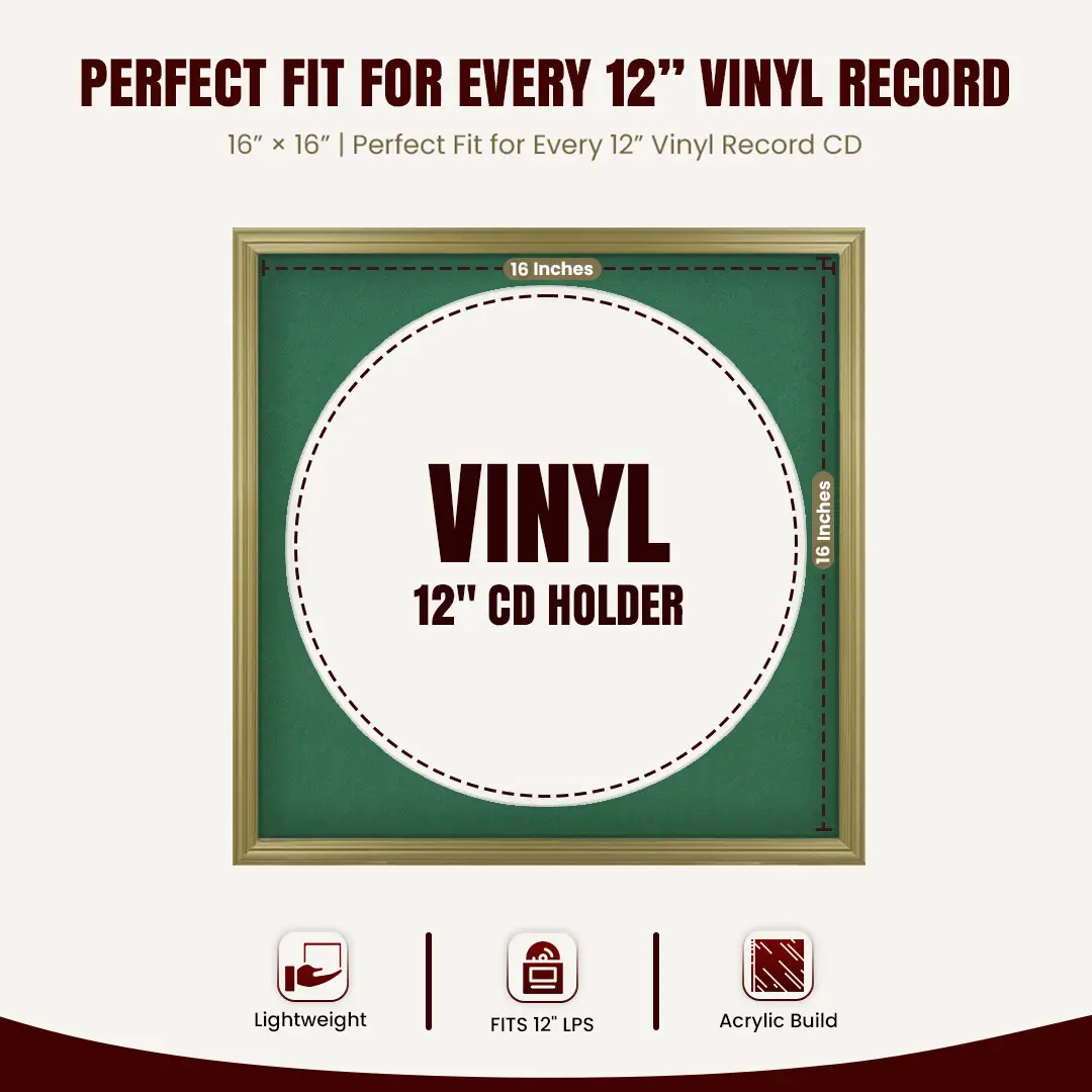 16x16" Classic Gold Vinyl Record Frame With Emerald (Green) Mount For 12" LP Discs | Premium Wall Frame For Music Enthusiasts thumbnail 3