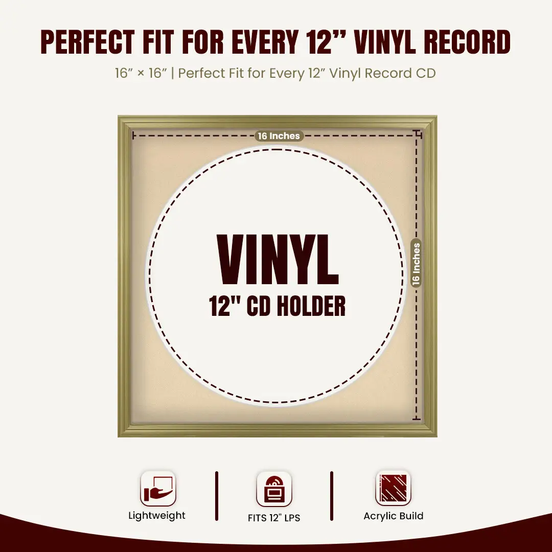 16x16" Classic Gold Vinyl Record Frame With Ivory Mount For 12" LP Discs | Elegant Frame For Music Lovers thumbnail 3