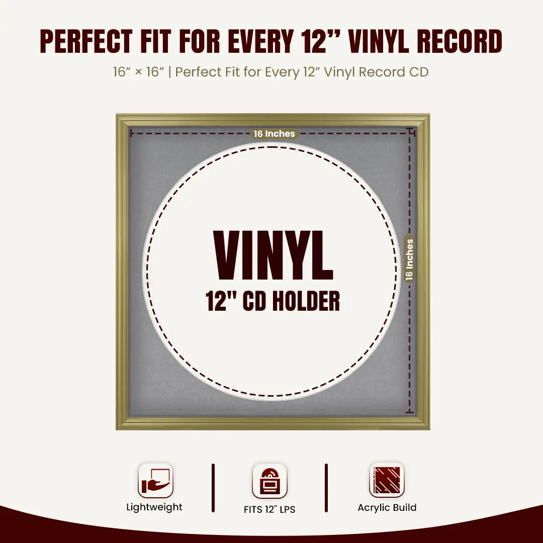 16x16" Classic Gold Vinyl Record Frame With Mid Grey Mount For 12" LP Discs | Contemporary Wall Display thumbnail 3