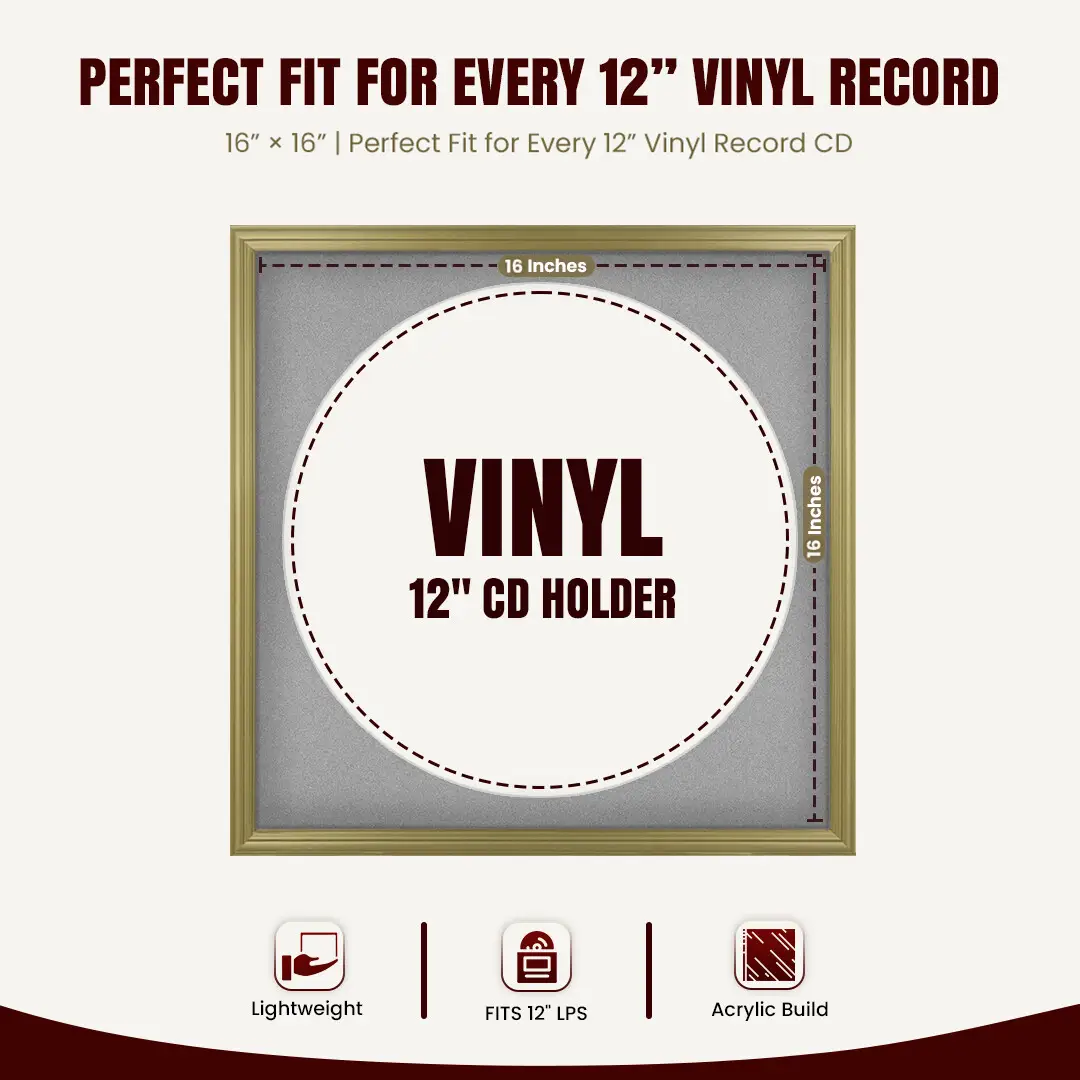16x16" Classic Gold Vinyl Record Frame With Silver Mount For 12" LP Discs | Premium Wall Frame For Music Enthusiasts thumbnail 3