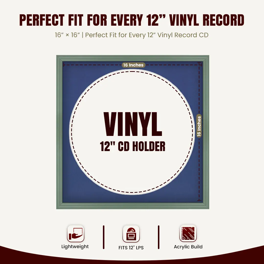 16x16" Classic Green Vinyl Record Frame With Blue Mount For 12" LP Discs | Contemporary Wall Display thumbnail 3
