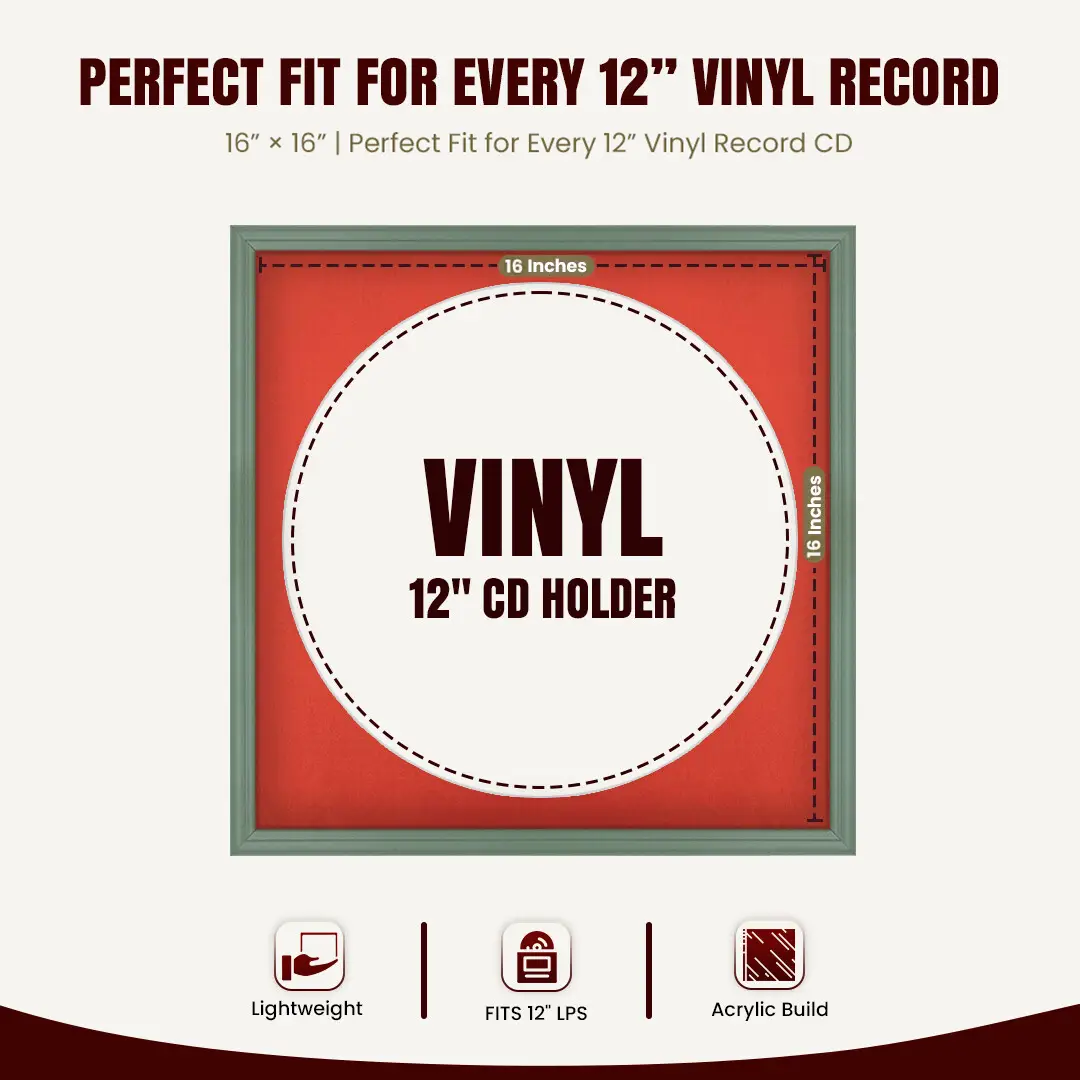 16x16" Classic Green Vinyl Record Frame With Poppy Red Mount For 12" LP Discs | Premium Wall Frame For Music Enthusiasts thumbnail 3