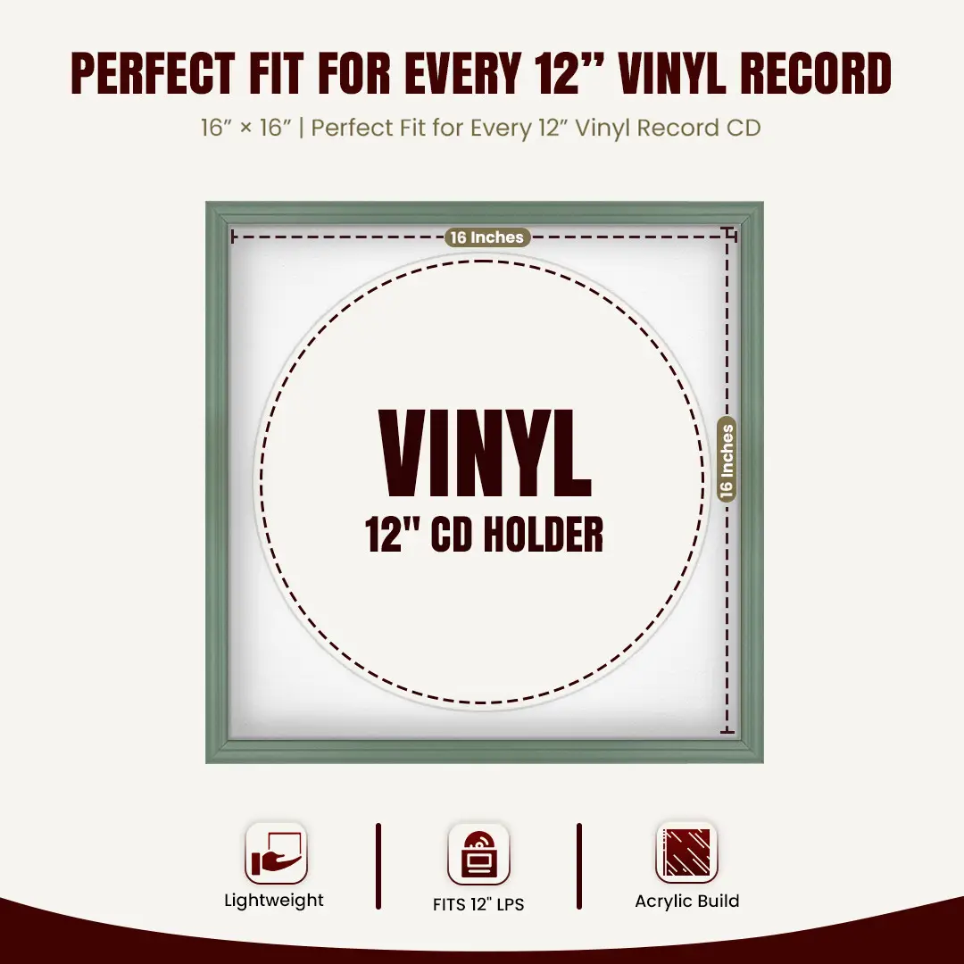 16x16" Classic Green Vinyl Record Frame With Ice White Mount For 12" LP Discs | Premium Wall Frame For Music Enthusiasts thumbnail 3
