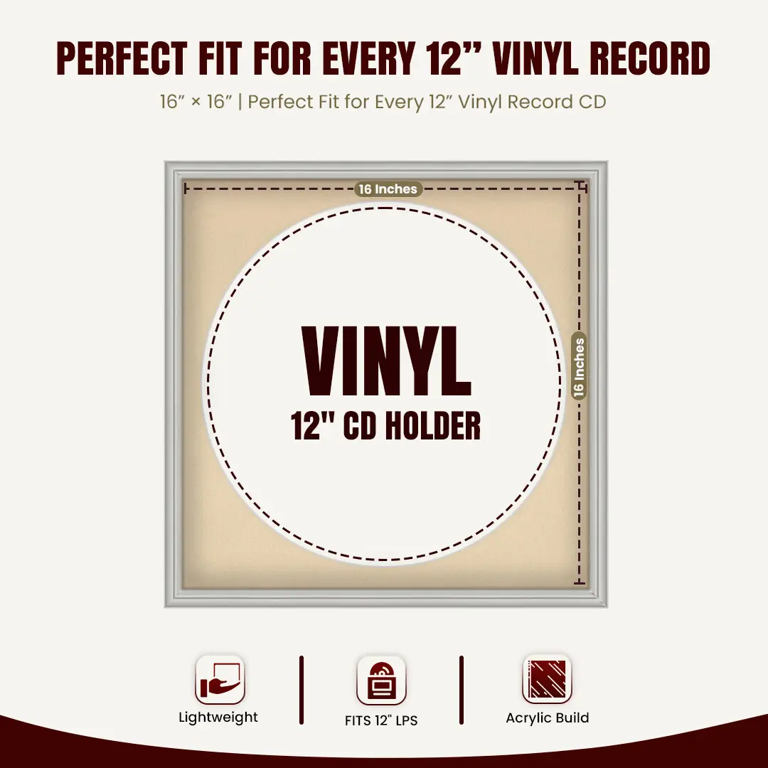 16x16" Classic Light Grey Vinyl Record Frame With Ivory Mount For 12" LP Discs | Premium Wall Frame For Music Enthusiasts thumbnail 3