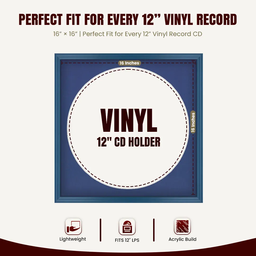 16x16" Classic Navy Blue Vinyl Record Frame With Blue Mount For 12" LP Discs | Premium Wall Frame For Music Enthusiasts thumbnail 3