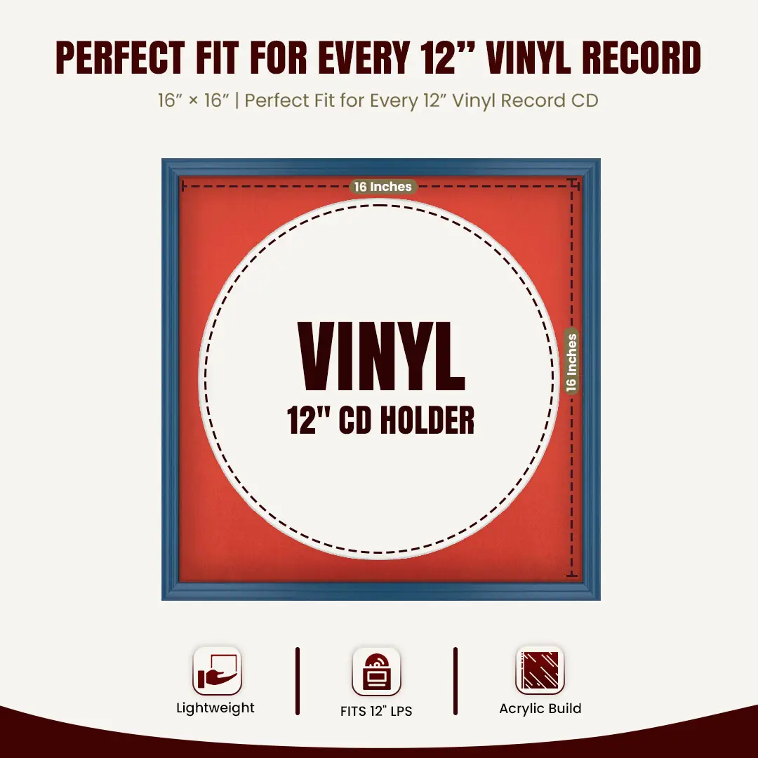 16x16" Classic Navy Blue Vinyl Record Frame With Poppy Red Mount For 12" LP Discs | Contemporary Wall Display thumbnail 3