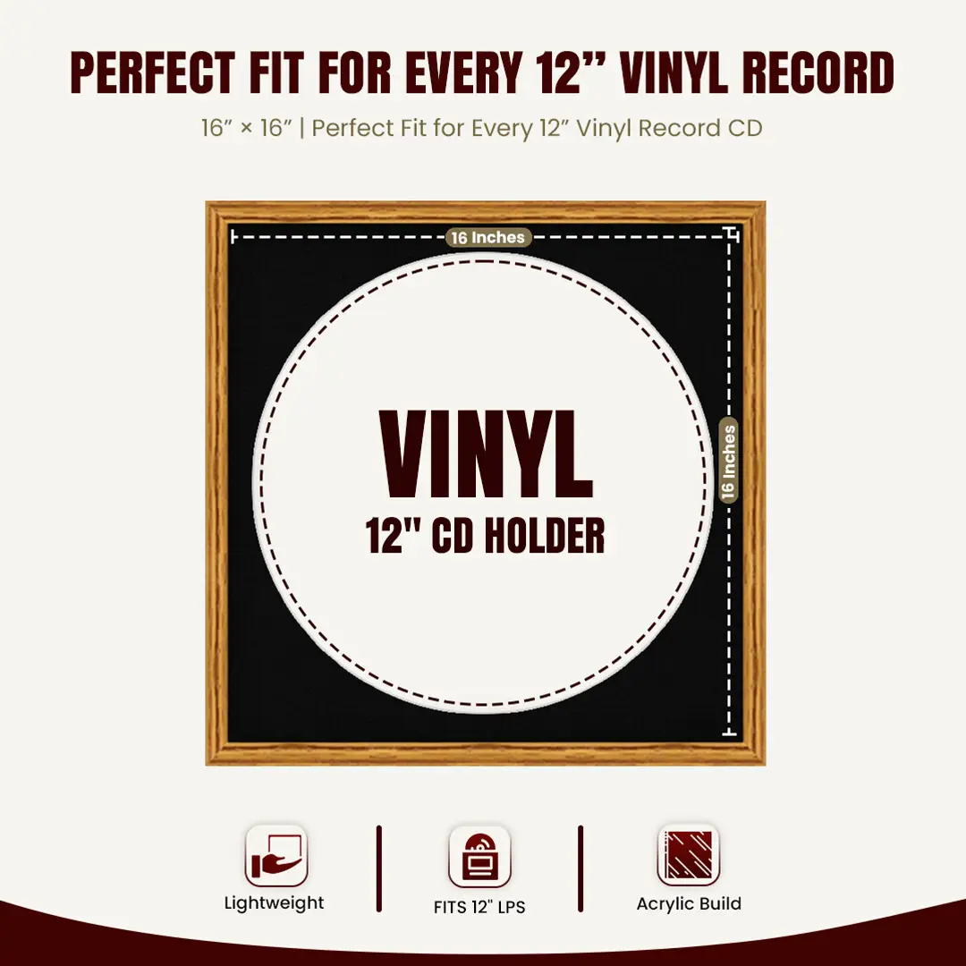 16x16" Classic Oak Vinyl Record Frame With Black Mount For 12" LP Discs | Elegant Frame For Music Lovers thumbnail 3