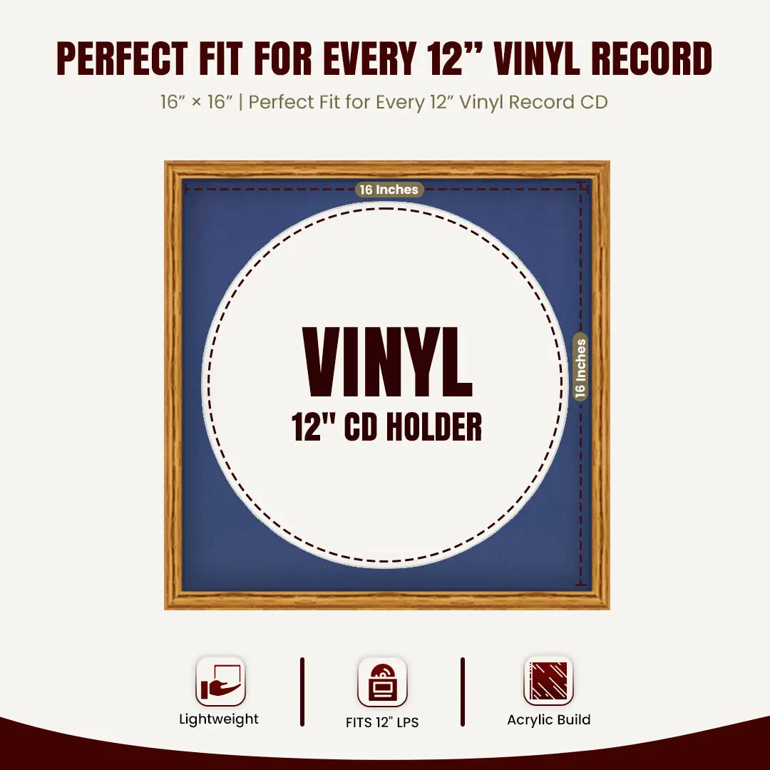 16x16" Classic Oak Vinyl Record Frame With Blue Mount For 12" LP Discs | Premium Wall Frame For Music Enthusiasts thumbnail 3
